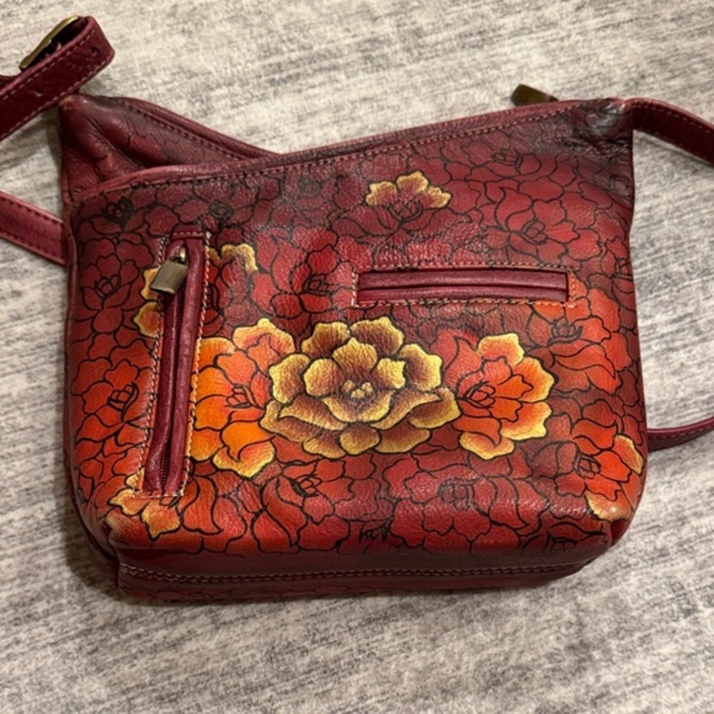 Biacci Hand Painted Leather Crossbody Bag Floral Red Orange Boho Art to Wear